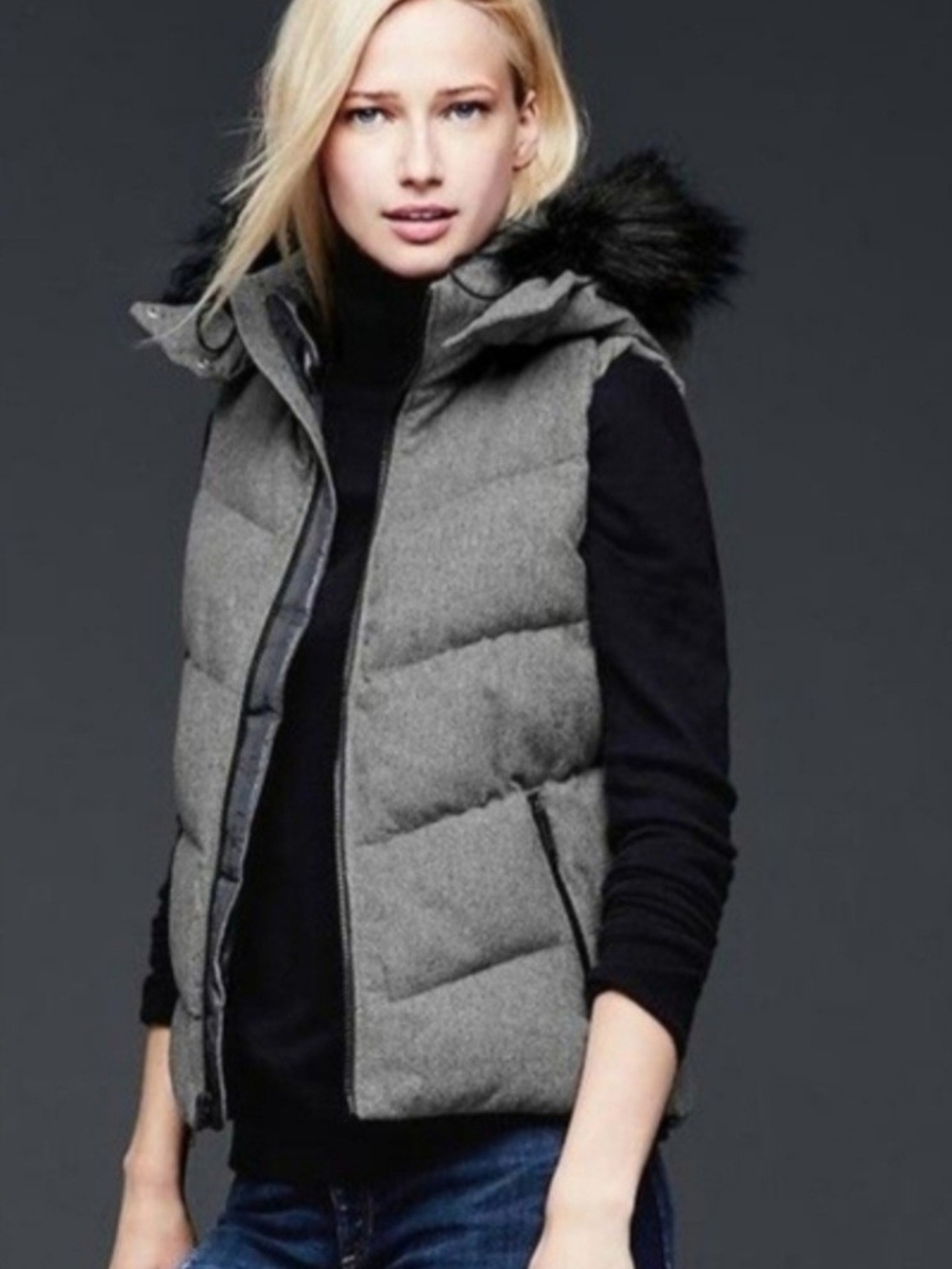 Gray Quilted Hooded Heather Grey Wool Blend Puffer Vest - Women's XL